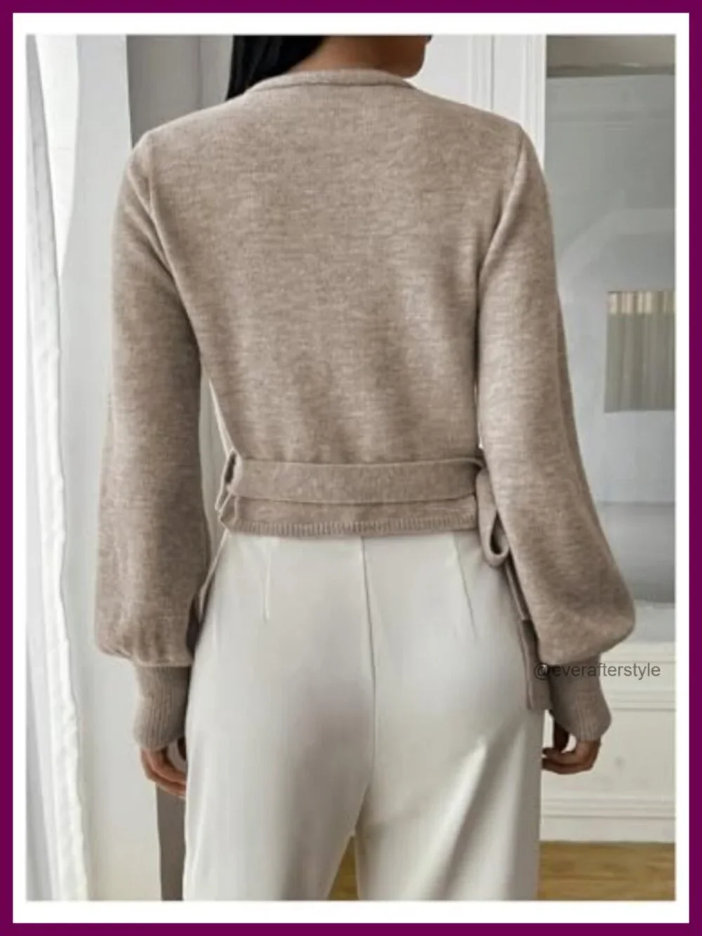 Women's V Neck Cropped Wrap Sweater Bishop Sleeve Knitwear